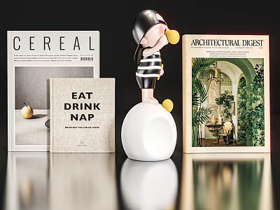 Modern Decorative Ornament Set With Cereal Architectural Digest Magazines And White Black Yellow Accents 3d model