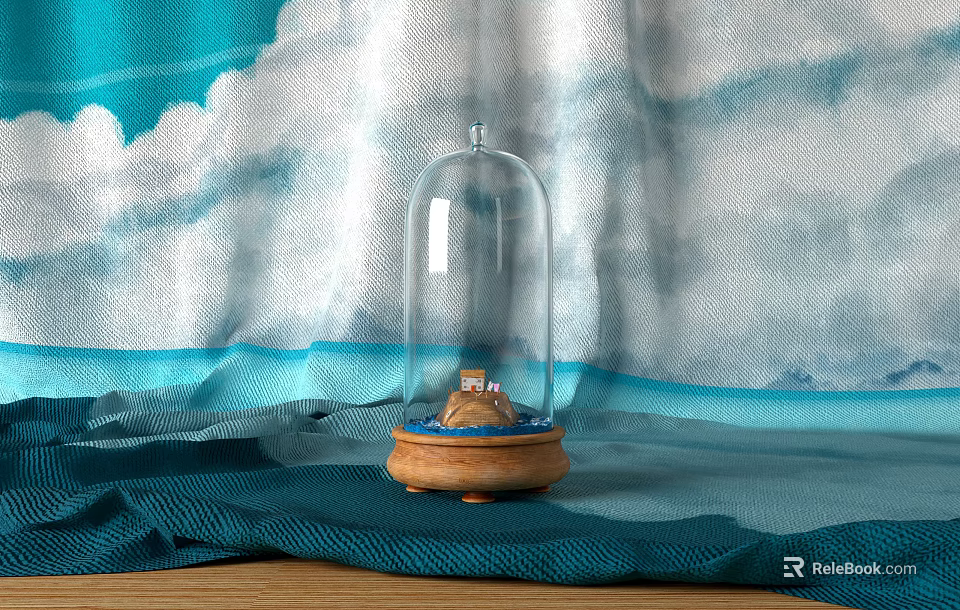 Elegant Decorative Ornament Set With Glass Dome Wooden Base And Blue White Cloudy Fabric Background 3d model 