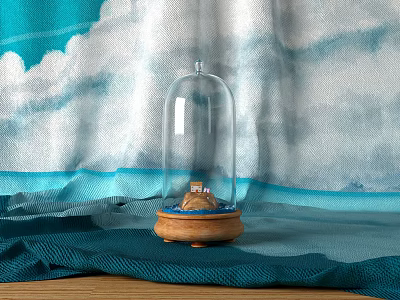 Elegant Decorative Ornament Set With Glass Dome Wooden Base And Blue White Cloudy Fabric Background 3d model