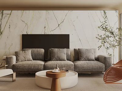 Elegant Modern Living Room Interior Design With Gray Sofa Marble Wall And Round Coffee Table 3d model