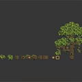 Pixel Art Style 3D Render With Tree Wooden Blocks And Small Plants