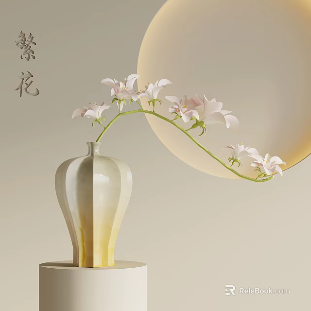 Elegant Pastel Vase With White Pink Orchids And Round Moon Decoration 3d model 
