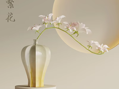 Elegant Pastel Vase With White Pink Orchids And Round Moon Decoration 3d model