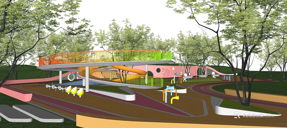 Kids Play Area with Colorful Slide Trees Track and Play Structures 3d model 