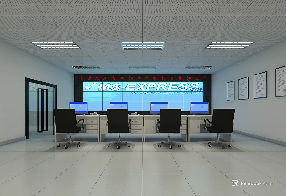 Modern Control Room Interior With Multiple Computer Monitors Workstations And Office Chairs Setup 3d model 