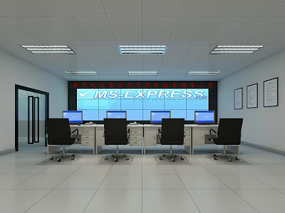 Modern Control Room Interior With Multiple Computer Monitors Workstations And Office Chairs Setup 3d model
