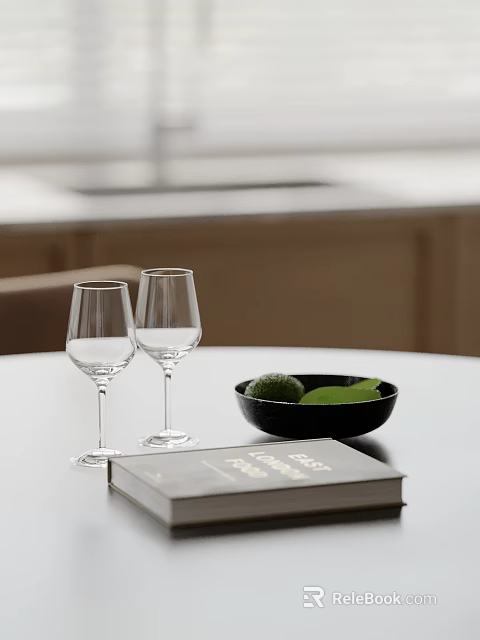 Stylish Decorative Ornament Set With Two Wine Glasses Black Bowl Green Sphere Leaf And Book 3d model 