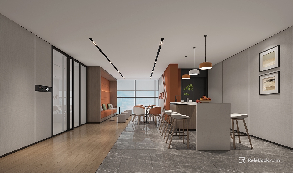 Modern Tea Room Interior Design With Bar Counter Tables Chairs And Hanging Lights 3d model 