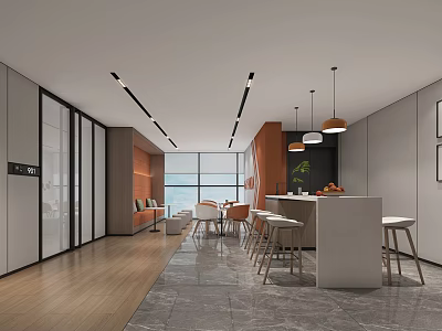 Modern Tea Room Interior Design With Bar Counter Tables Chairs And Hanging Lights 3d model