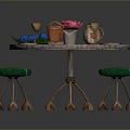 Round Wooden Outdoor Table Decorated With Green Leaf Shaped Stools Pink Flower Mug And Plates