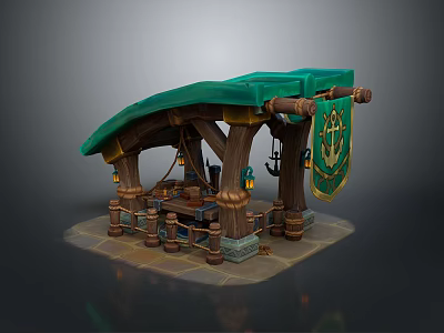 Wooden Scene Structure With Green Roof Banner Emblem And Hanging Lanterns 3d model