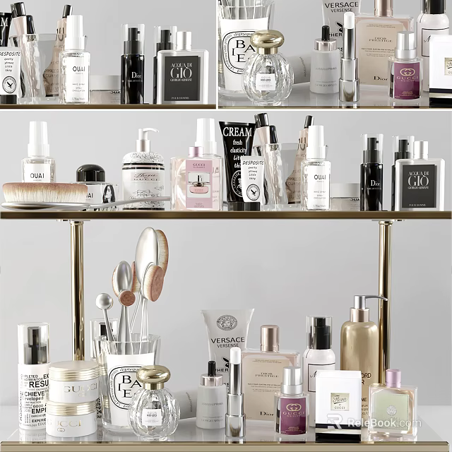 Luxury Perfume And Cosmetics Collection On Gold Shelf Display With Various Bottles 3d model 