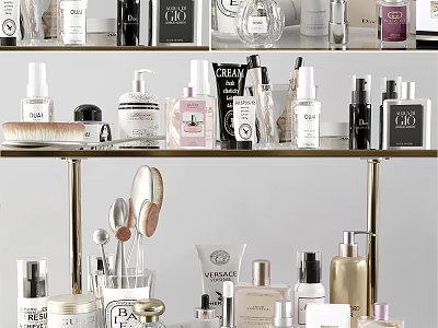 Luxury Perfume And Cosmetics Collection On Gold Shelf Display With Various Bottles 3d model
