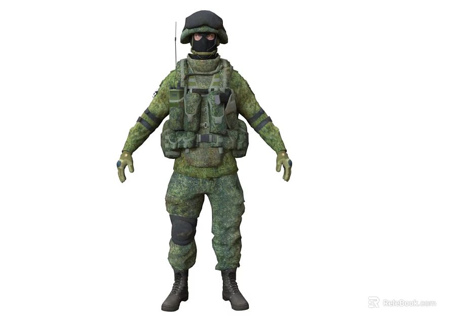 Man in Camouflage Military Uniform Wearing Helmet Mask and Tactical Gear 3d model 