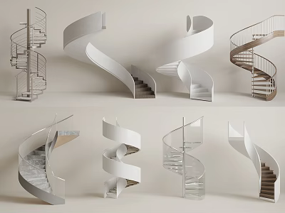 Modern Spiral Staircases With Various Designs Metal Glass Railings And Wooden Steps 3d model