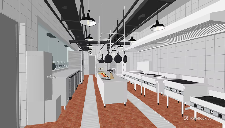 Spacious Commercial Kitchen Interior With Stainless Steel Worktables And Hanging Pendant Lights 3d model 