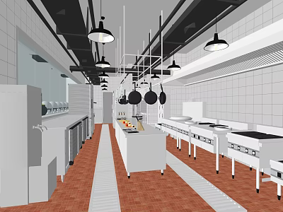 Spacious Commercial Kitchen Interior With Stainless Steel Worktables And Hanging Pendant Lights 3d model