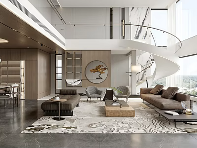 Modern Luxury Loft Living Room With Spiral Staircase And Comfortable Leather Sofas Interior Design 3d model