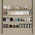 Decorative Ornaments Set on Wooden Shelves with Round Tea Cakes Boxes Jars and Small Decorative Pieces