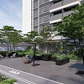 Modern Residential Landscape Featuring Courtyard Area Trees Outdoor Seating And Shade Structures