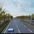 Urban Road Infrastructure with Traffic Lanes Vehicles Green Belts Street Lamps and Guardrails