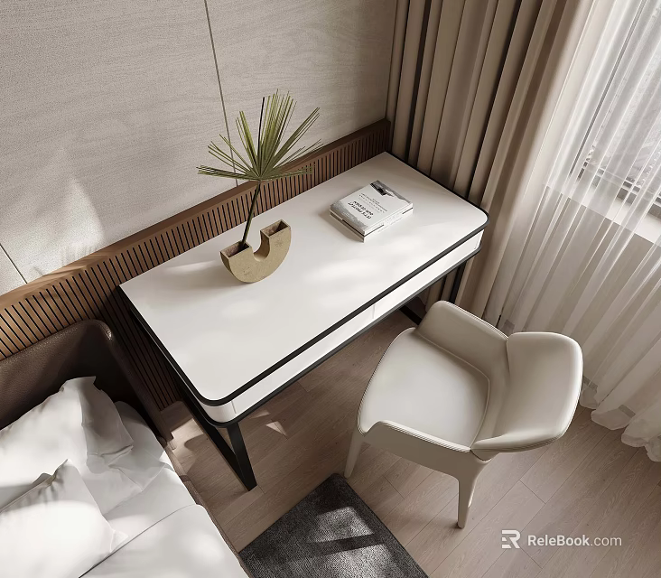 Modern Minimalist Bedroom Interior With White Desk And Chair Plant Book And Curtains 3d model 