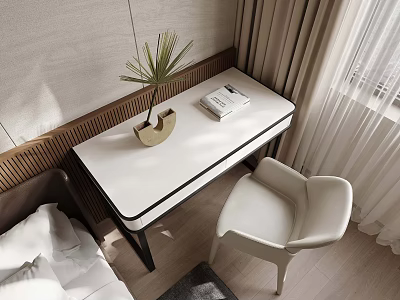 Modern Minimalist Bedroom Interior With White Desk And Chair Plant Book And Curtains 3d model