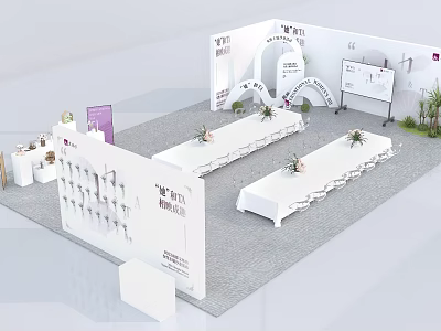 Modern Exhibition Booth Design With White Display Tables Product Racks Green Plants And Signage 3d model