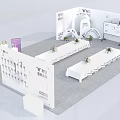 Modern Exhibition Booth Design With White Display Tables Product Racks Green Plants And Signage
