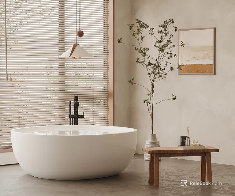 White Freestanding Bathtub with Wooden Stool and Potted Plant Near Window Blinds 3d model 