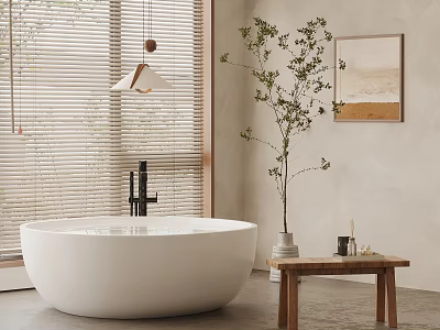 White Freestanding Bathtub with Wooden Stool and Potted Plant Near Window Blinds 3d model