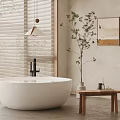 White Freestanding Bathtub with Wooden Stool and Potted Plant Near Window Blinds