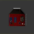 Miniature Stage Scene With Red Walls Wooden Floor Circular Window And Furniture