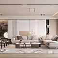 Modern Living Room Interior With Natural Texture Wall Moon Shaped Lamp White Chairs And Sofa
