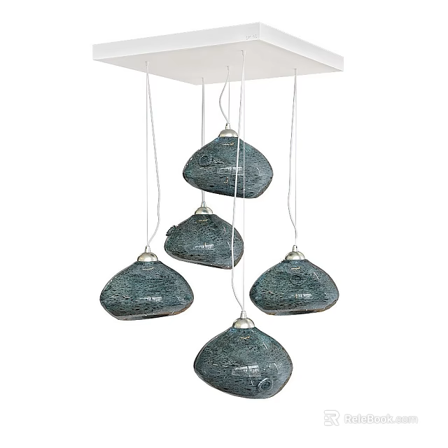 Five Green Ceramic Pendant Lights Hanging From White Ceiling With Irregular Shapes 3d model