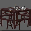 Dark Wooden Square Dining Table Set With Four Benches And Tea Tableware 3d model