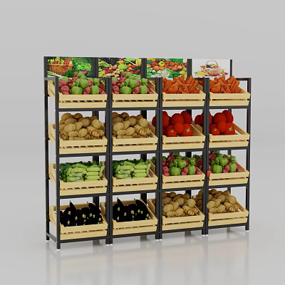 Multi Layer Grocery Display Shelving With Fresh Vegetables And Wooden Trays 3d model