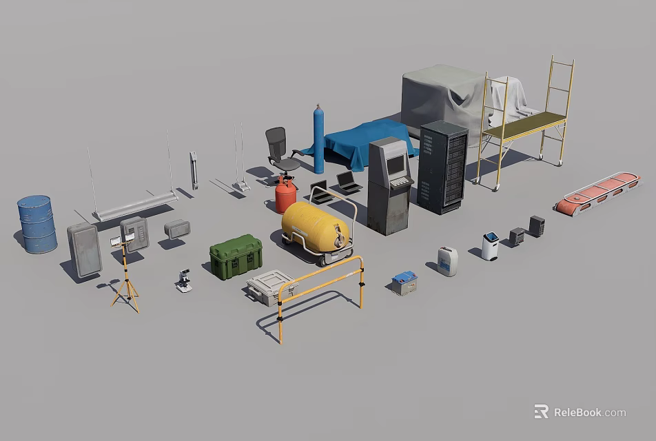 Public Facilities Maintenance Equipment Collection With Scaffolding Tools Barrels Ladders And Storage Boxes 3d model 