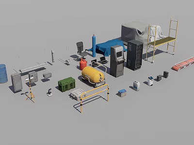 Public Facilities Maintenance Equipment Collection With Scaffolding Tools Barrels Ladders And Storage Boxes 3d model