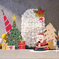 Festive Christmas Decoration Setup With White Balloon Wall Santa Claus Figure Gift Boxes And Trees