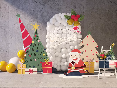 Festive Christmas Decoration Setup With White Balloon Wall Santa Claus Figure Gift Boxes And Trees 3d model