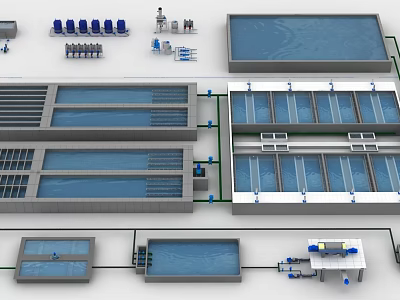 Industrial Equipment Water Treatment System With Blue Units Pipes And Tanks 3d model