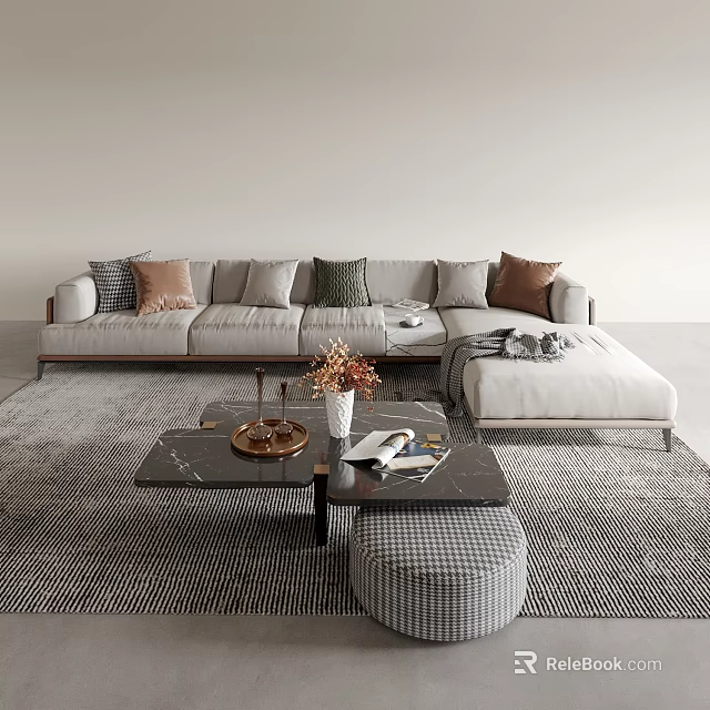 Elegant Gray Sofa and Coffee Table Set With Marble Top Throw Pillows Footstool and Rug 3d model
