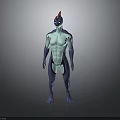 Fantasy SciFi Humanoid Creature Character Standing With Blue Body Cyan Torso Red Crest Purple Markings