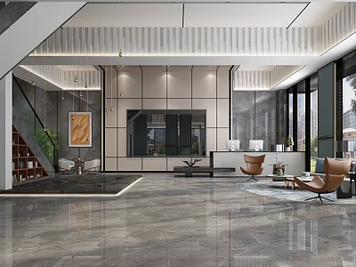 Modern Luxury Real Estate Sales Office Lobby With Glossy Marble Floor And Elegant Lounge Area 3d model