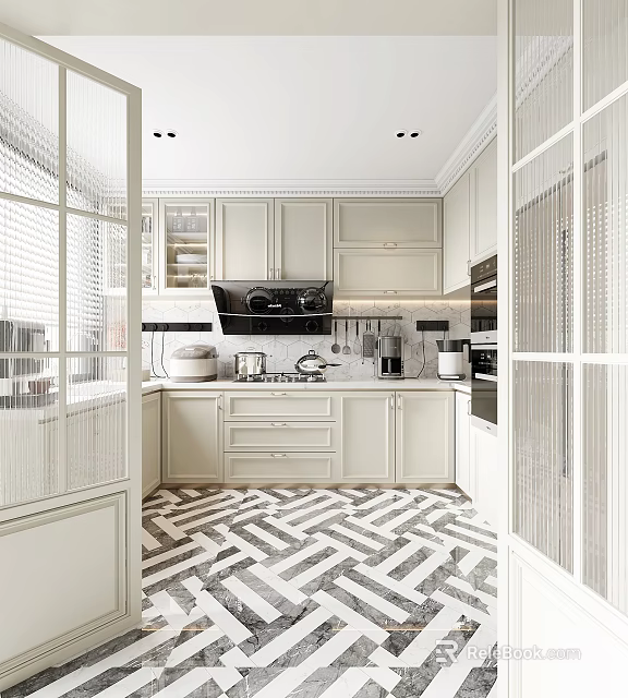 Modern Open Concept Kitchen Interior Design With White Cabinets Island And Appliances 3d model 