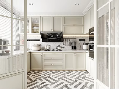 Modern Open Concept Kitchen Interior Design With White Cabinets Island And Appliances 3d model