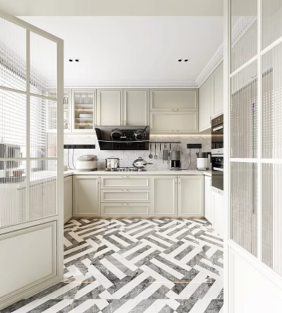 Modern Open Concept Kitchen Interior Design With White Cabinets Island And Appliances 3d model