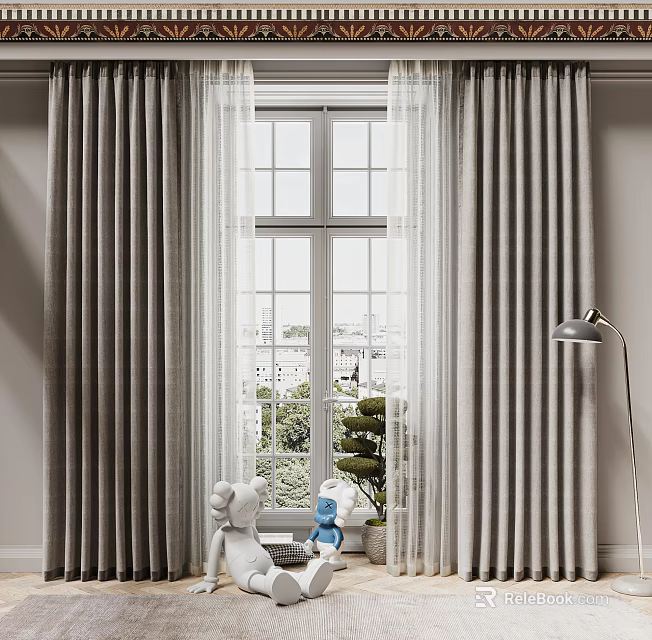 Gray Textured Curtains with Sheer Panels by Window with City View and Green Plants 3d model 