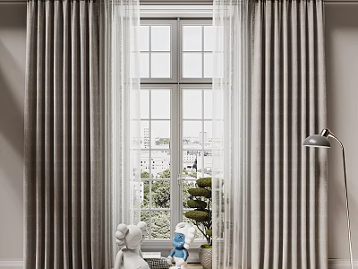Gray Textured Curtains with Sheer Panels by Window with City View and Green Plants 3d model